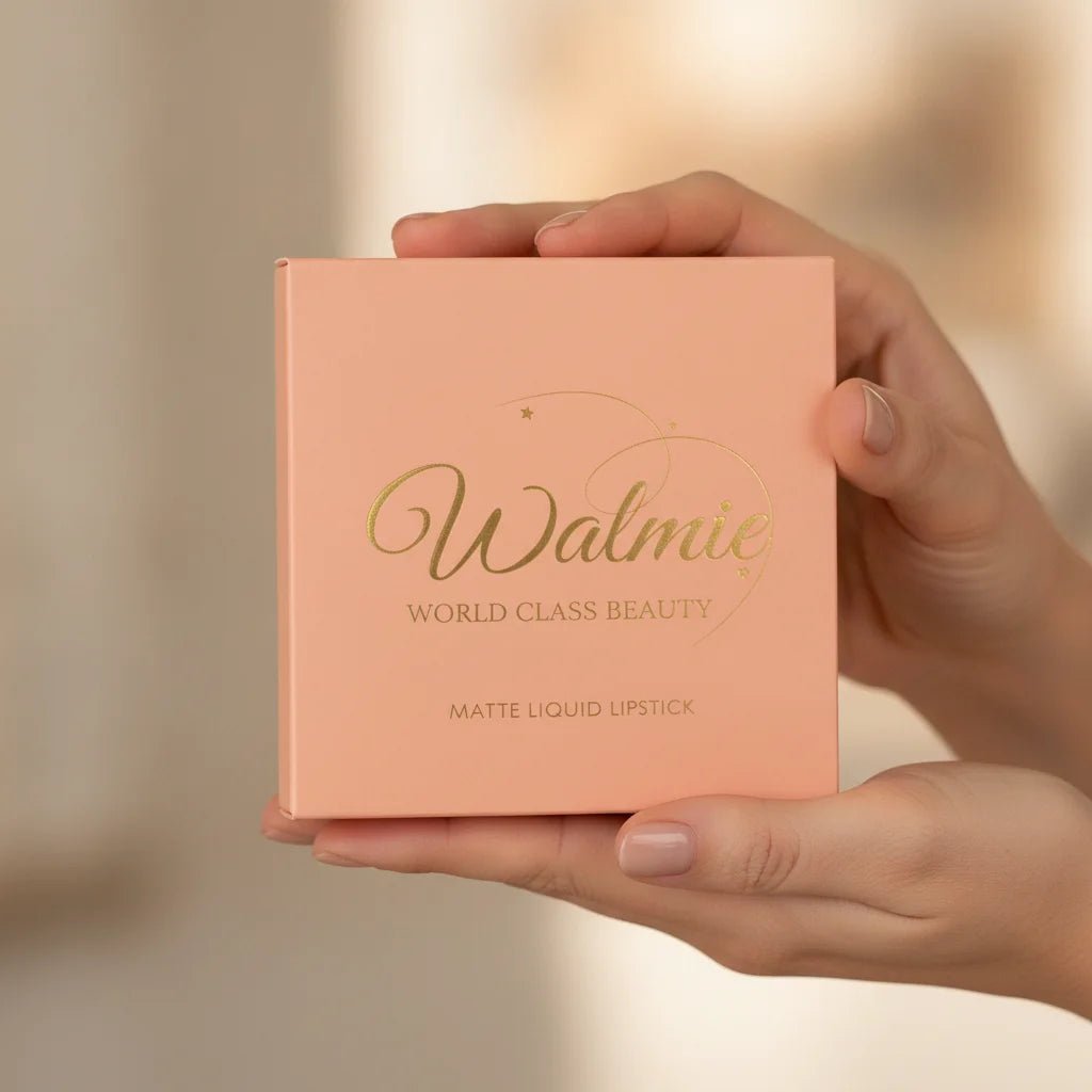 Mains d'une femme tenant un assortiment de tubes de rouge à lèvres Walmue Beauty aux teintes variées.