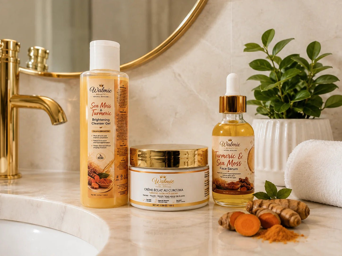 Walmie Beauty Gamme curcuma avec Nettoyant sur un lavabo