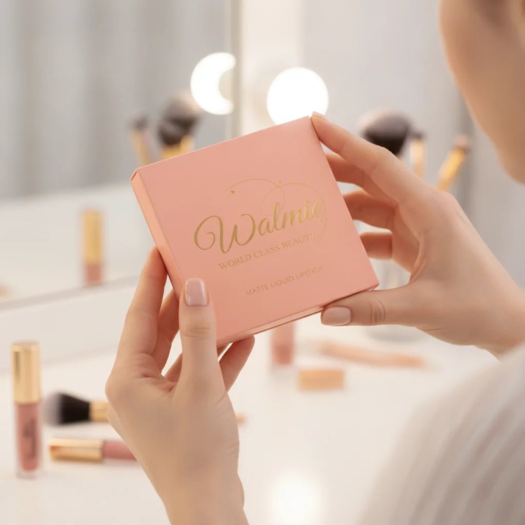 Mains d'une femme tenant un assortiment de tubes de rouge à lèvres Walmue Beauty aux teintes variées.