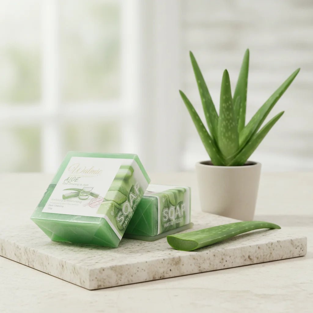 Natural Organic Cleansing Aloe Vera Soap sur une plate-forme en marbre avec l'aloe vera a côté