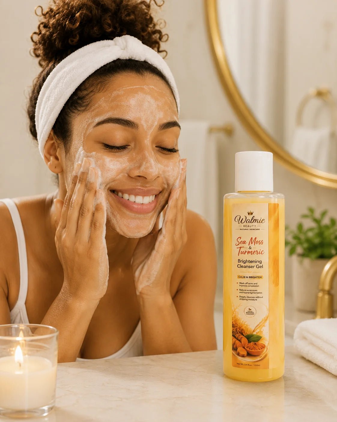 Nettoyant visage Curcuma & Sea Moss Walmie Beauty sur un  lavabo avec une femme lavant son visage.