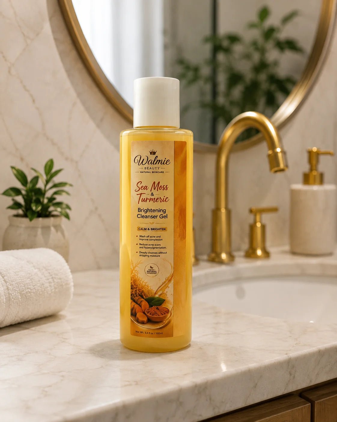Nettoyant visage Curcuma & Sea Moss Walmie Beauty sur lavab avec curcuma et Sea Moss.