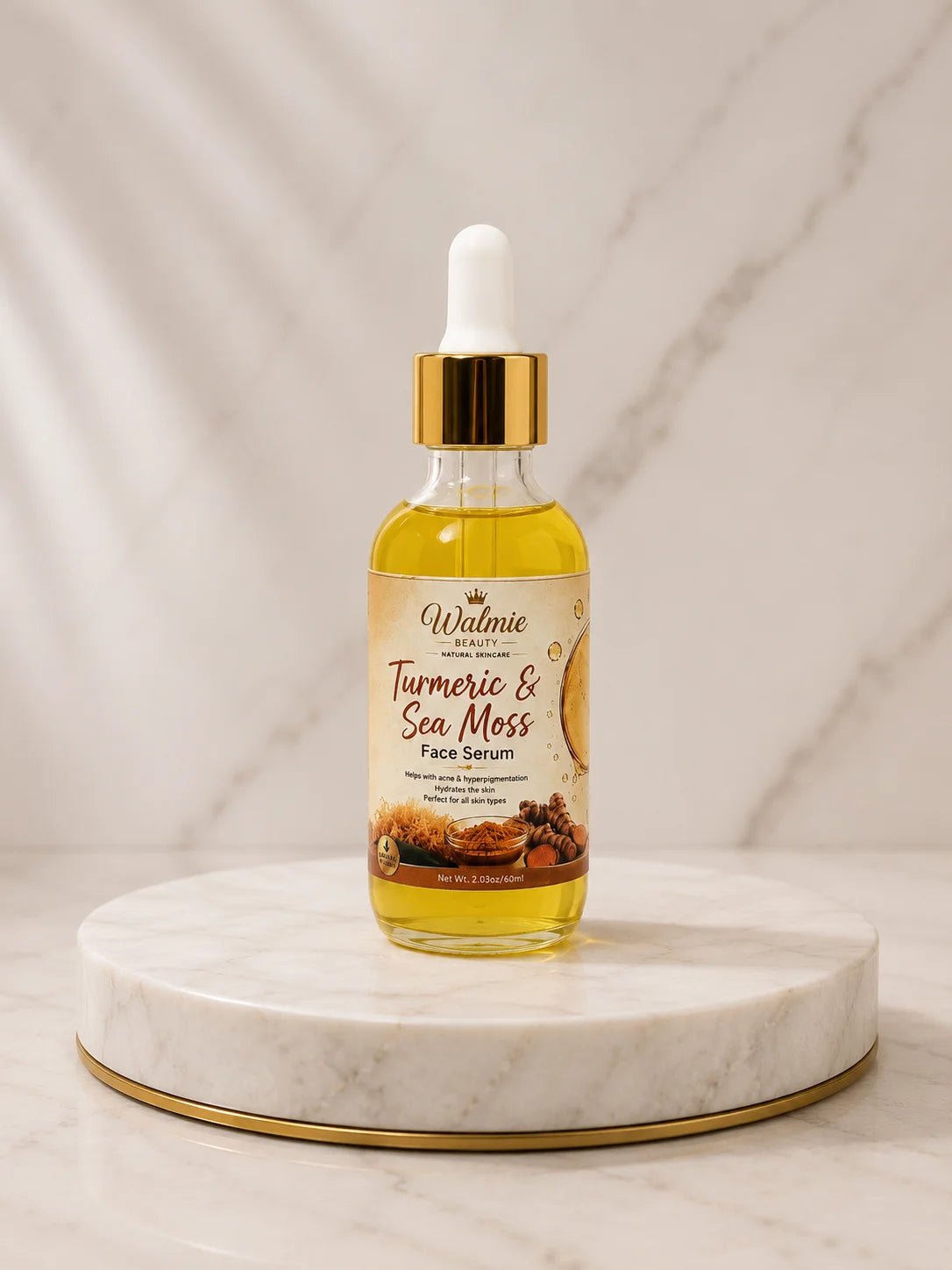 Sérum visage Walmie Beauty Curcuma & Sea Moss pour hydrater et révéler l’éclat naturel de la peau.