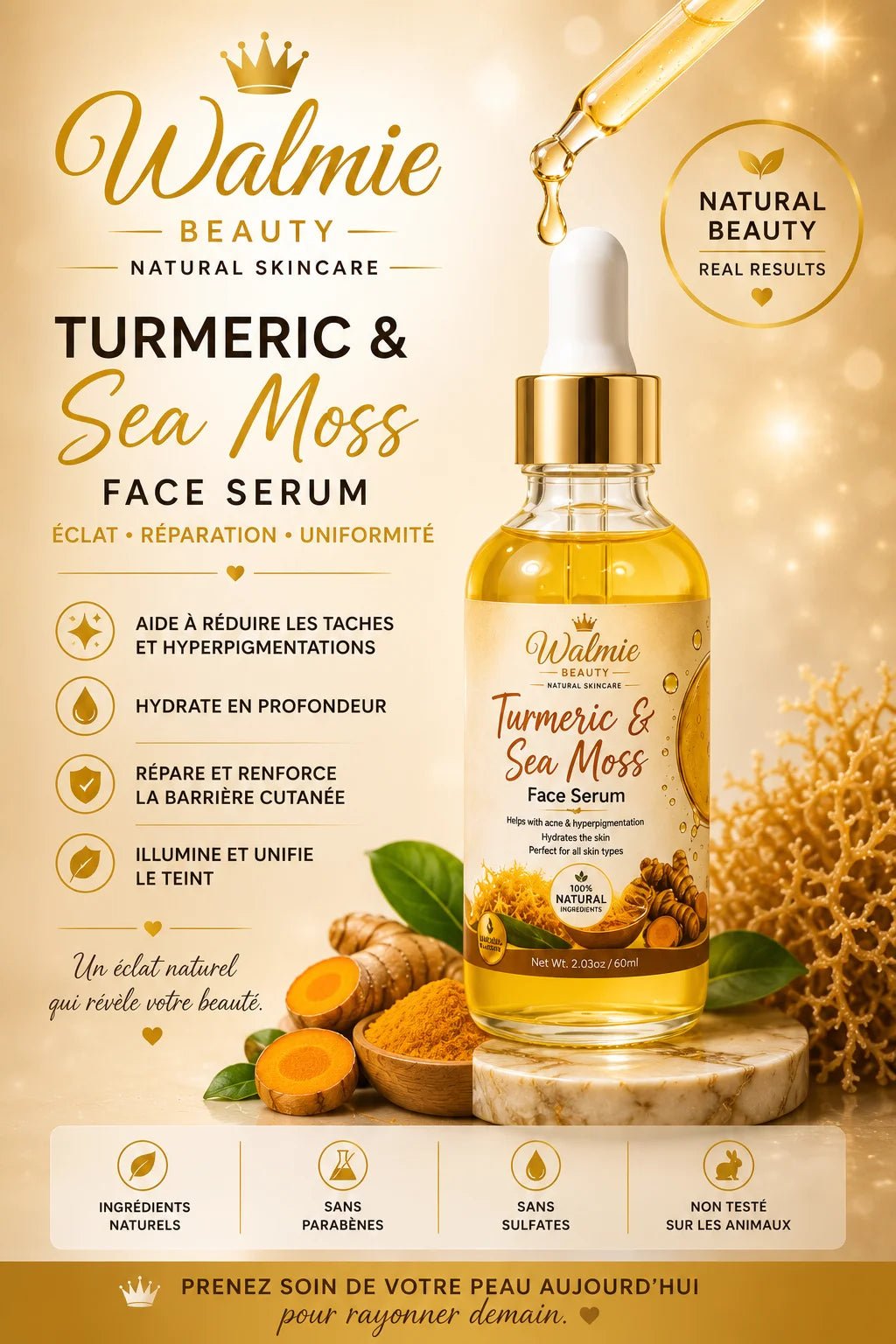 Sérum visage Walmie Beauty Curcuma & Sea Moss pour hydrater et révéler l’éclat naturel de la peau.