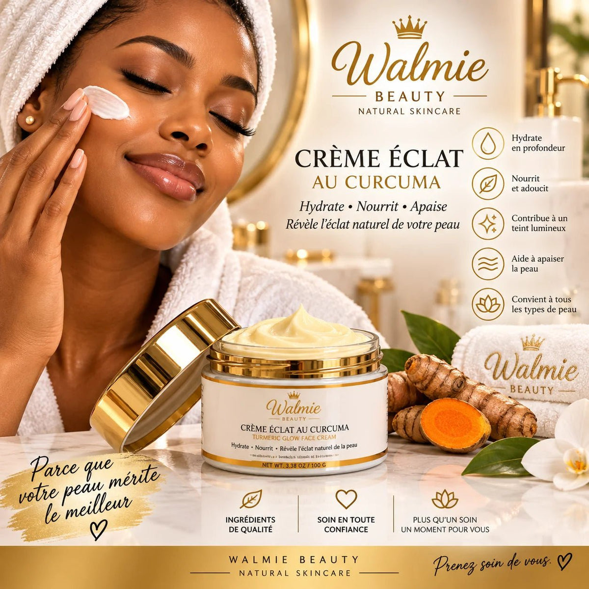 Crème visage au curcuma Walmie Beauty, soin hydratant et nourrissant pour une peau douce et éclatante.