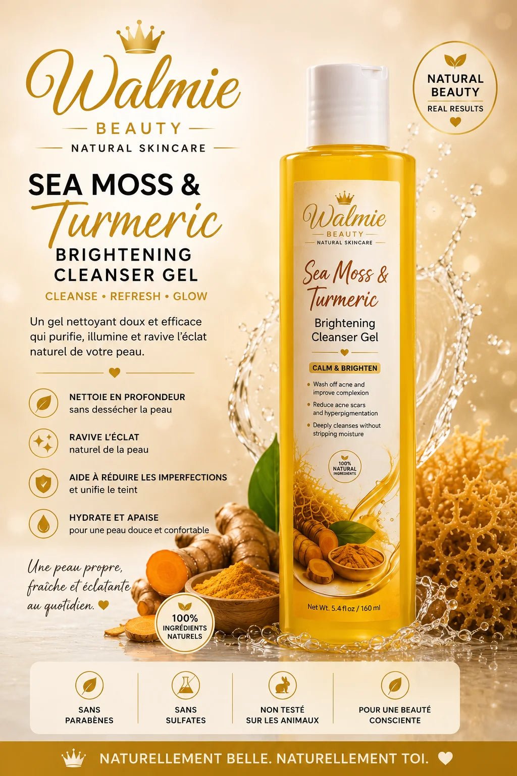 Nettoyant visage Walmie Beauty au curcuma et Sea Moss entouré de curcuma frais, de poudre de curcuma et de Sea Moss.